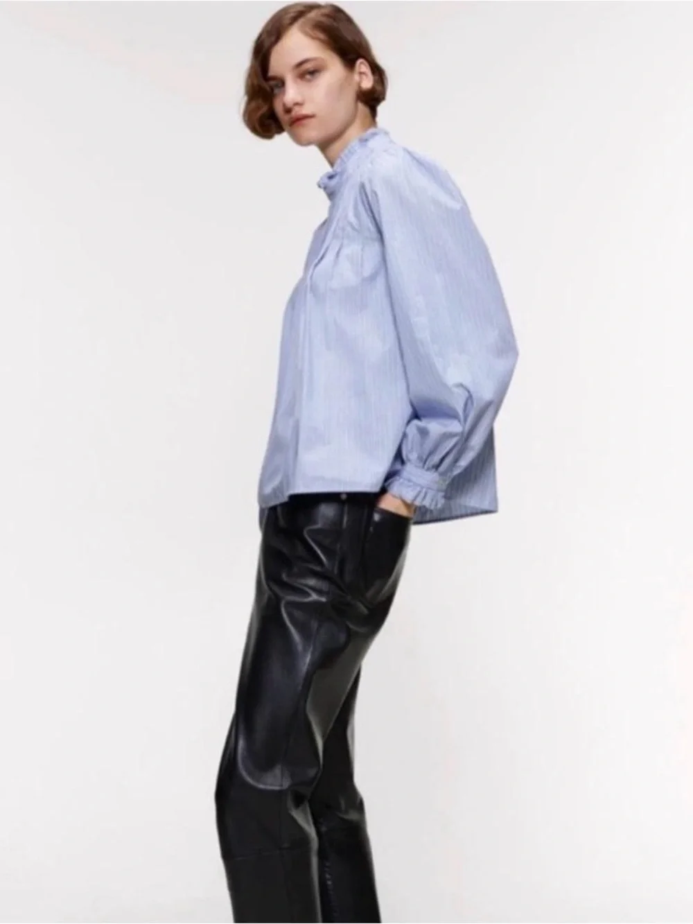 ZARA | Blue White Striped Ruffled Poplin Shirt Blouse